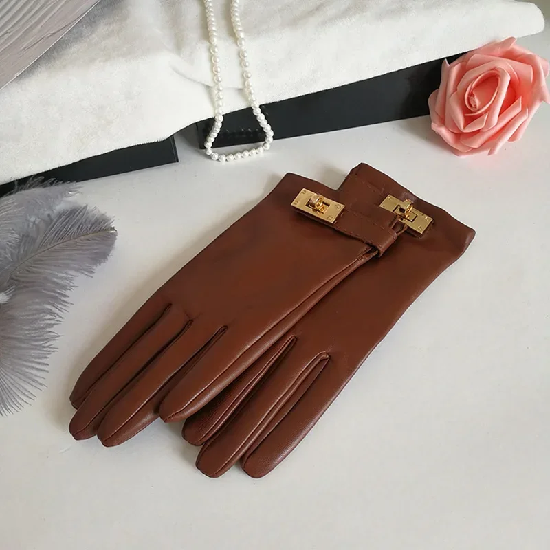 New Women's Ladies Real Leather Black Gloves Touch Screen Sheepskin Gloves With Lock Design