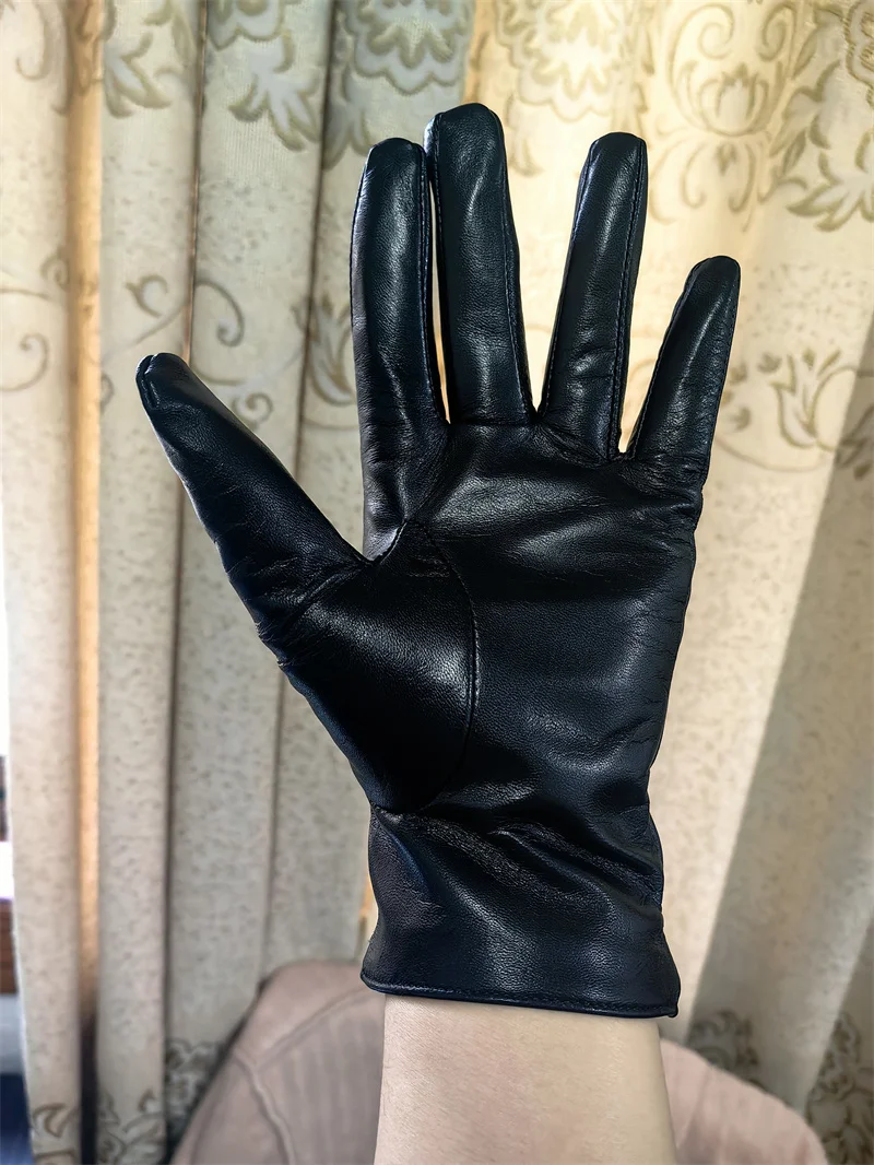 New Women's Ladies Real Leather Black Gloves Touch Screen Sheepskin Gloves With Lock Design