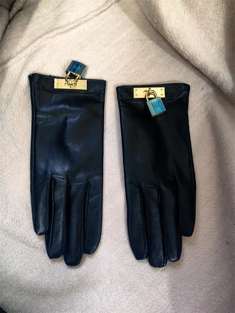 New Women's Ladies Real Leather Black Gloves Touch Screen Sheepskin Gloves With Lock Design