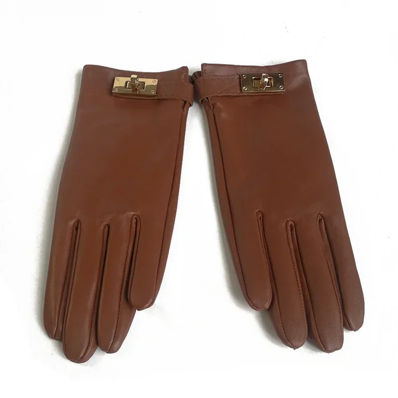 New Women's Ladies Real Leather Black Gloves Touch Screen Sheepskin Gloves With Lock Design