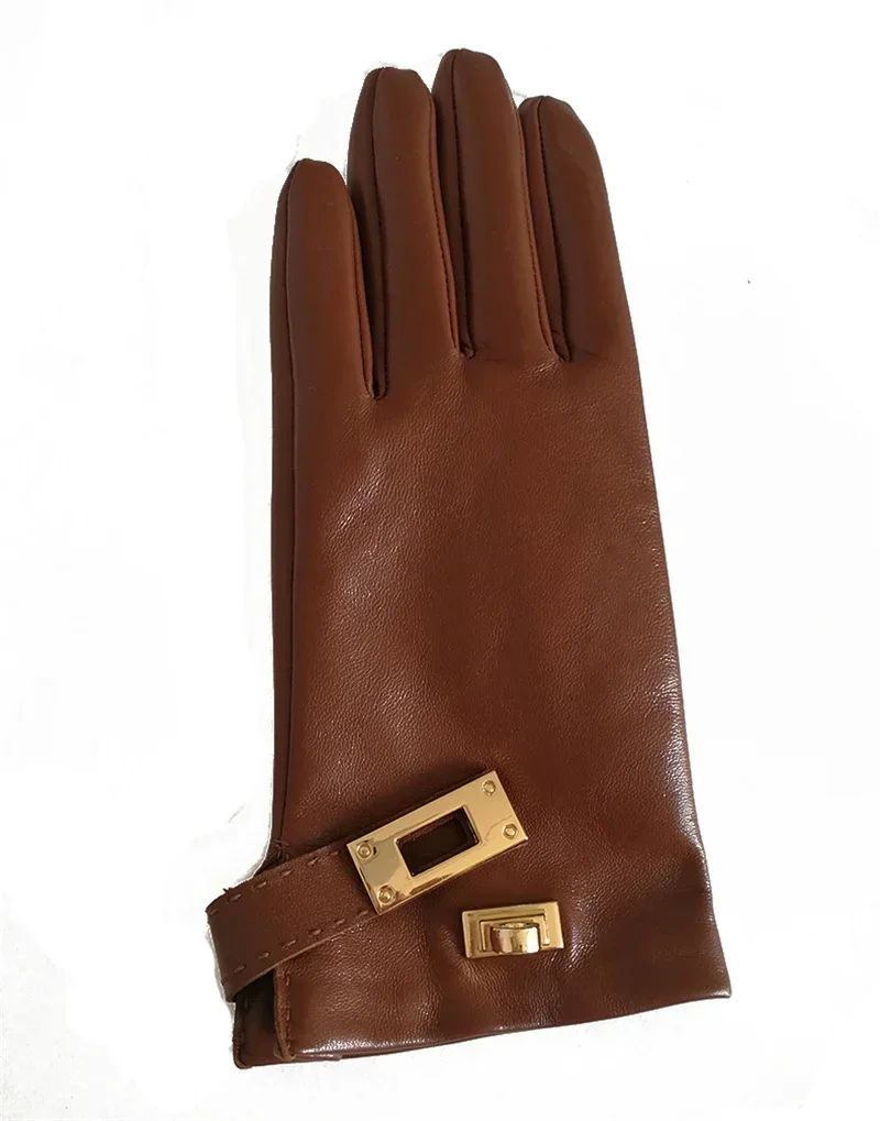 New Women's Ladies Real Leather Black Gloves Touch Screen Sheepskin Gloves With Lock Design