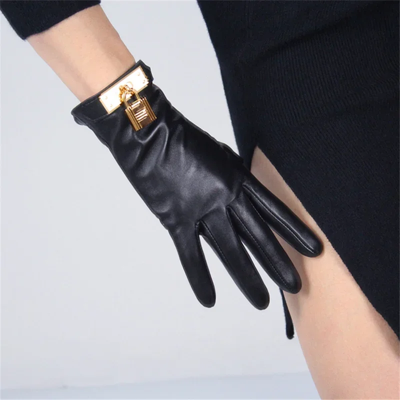 New Women's Ladies Real Leather Black Gloves Touch Screen Sheepskin Gloves With Lock Design