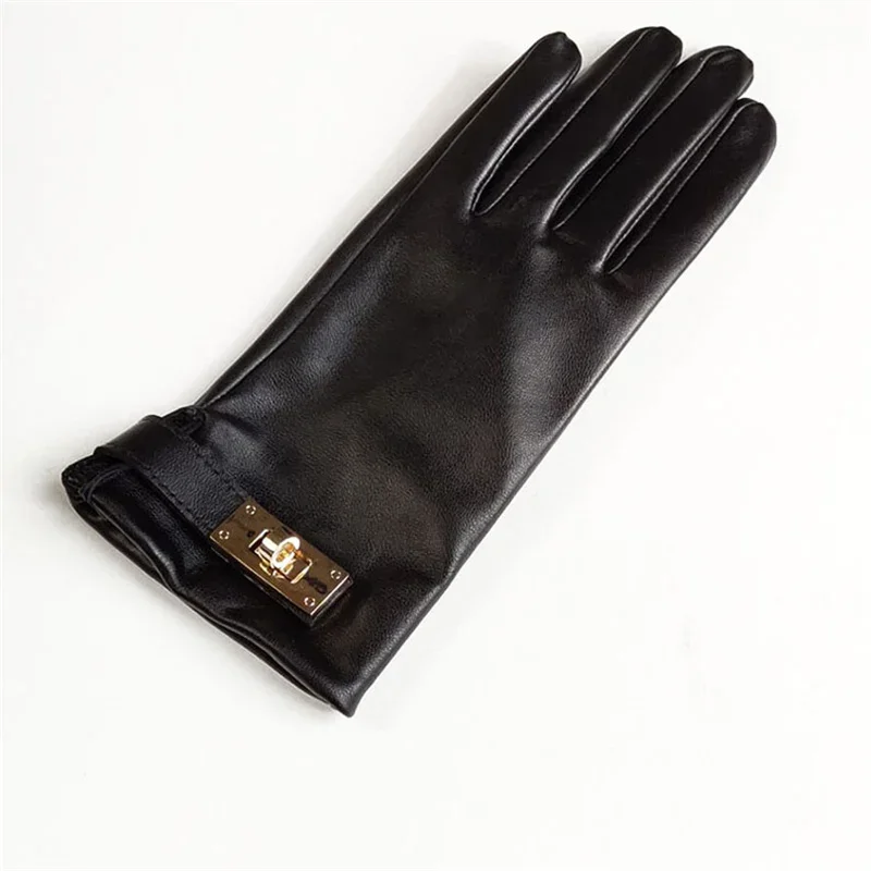 New Women's Ladies Real Leather Black Gloves Touch Screen Sheepskin Gloves With Lock Design