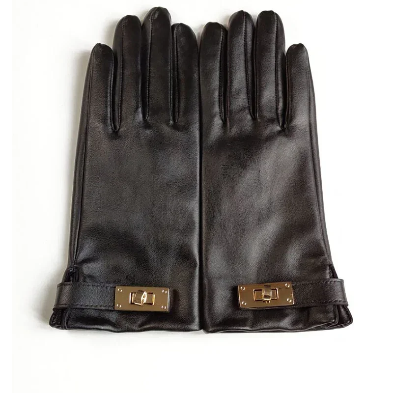 New Women's Ladies Real Leather Black Gloves Touch Screen Sheepskin Gloves With Lock Design