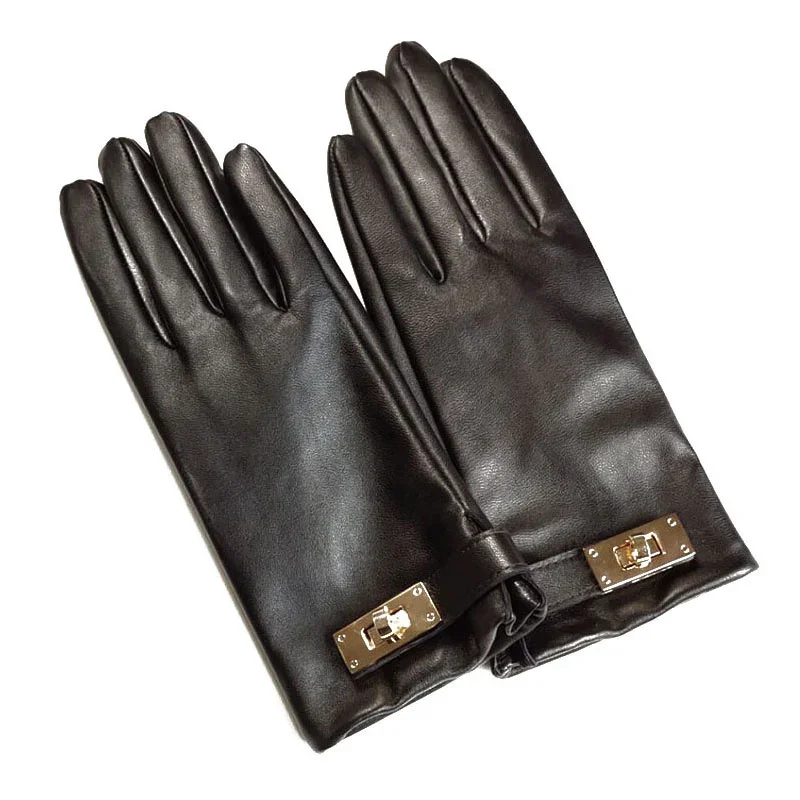 New Women's Ladies Real Leather Black Gloves Touch Screen Sheepskin Gloves With Lock Design