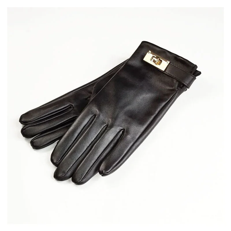 New Women's Ladies Real Leather Black Gloves Touch Screen Sheepskin Gloves With Lock Design