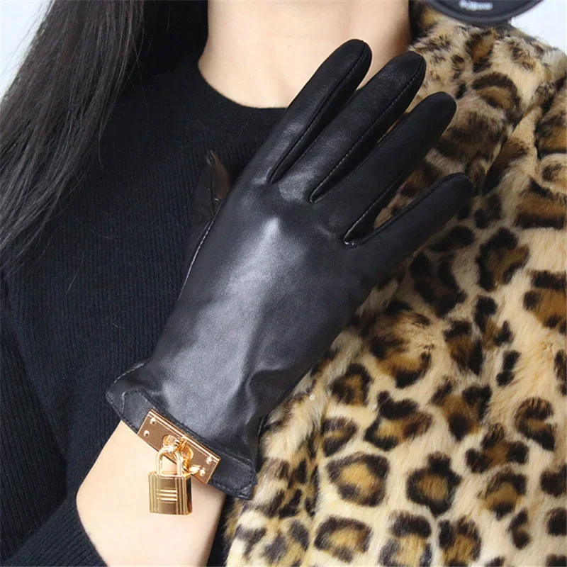 New Women's Ladies Real Leather Black Gloves Touch Screen Sheepskin Gloves With Lock Design
