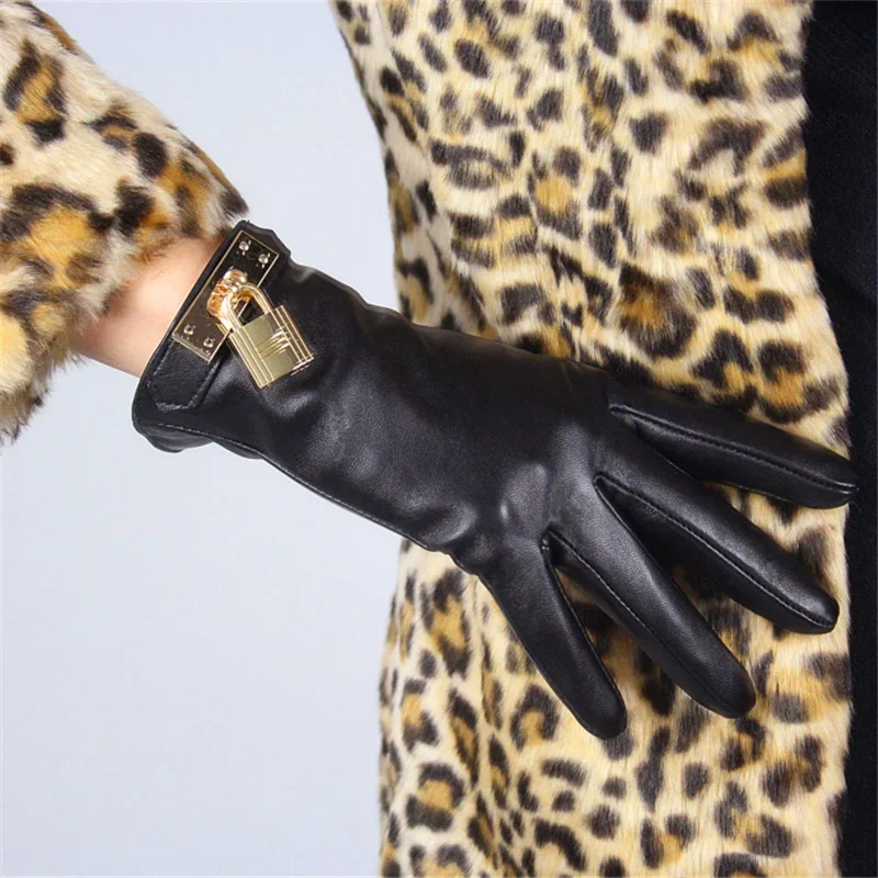 New Women's Ladies Real Leather Black Gloves Touch Screen Sheepskin Gloves With Lock Design