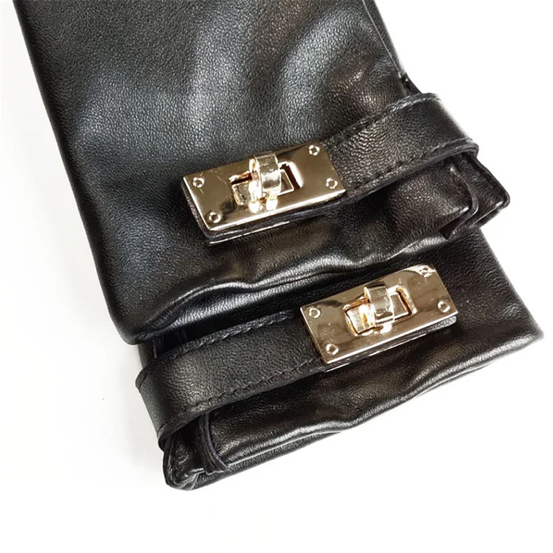 New Women's Ladies Real Leather Black Gloves Touch Screen Sheepskin Gloves With Lock Design