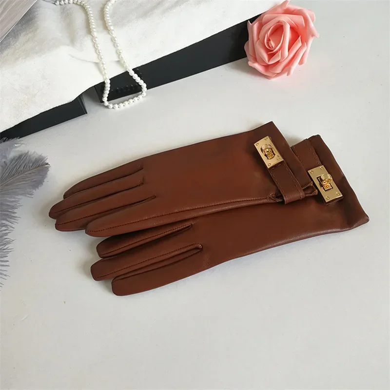New Women's Ladies Real Leather Black Gloves Touch Screen Sheepskin Gloves With Lock Design