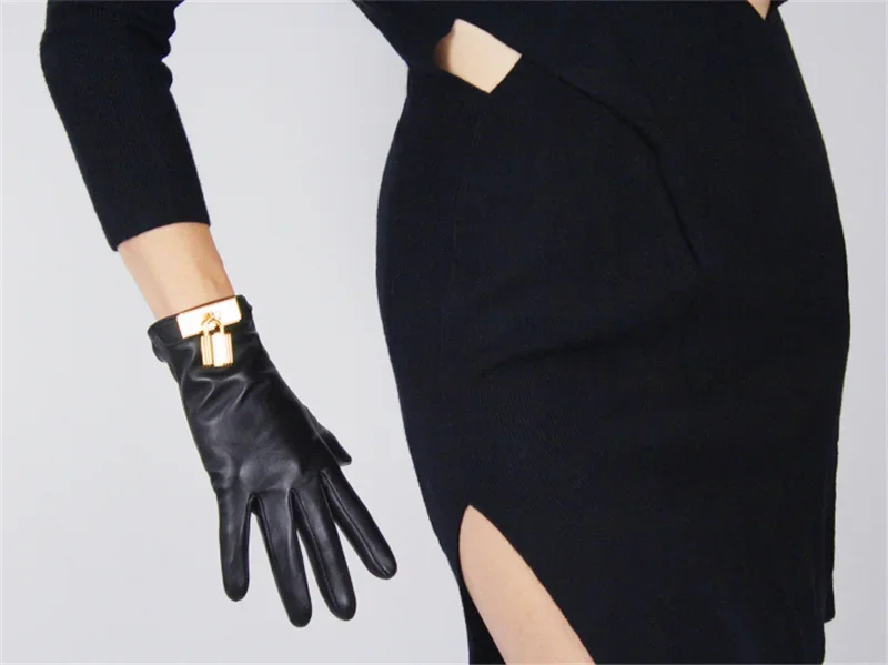 New Women's Ladies Real Leather Black Gloves Touch Screen Sheepskin Gloves With Lock Design