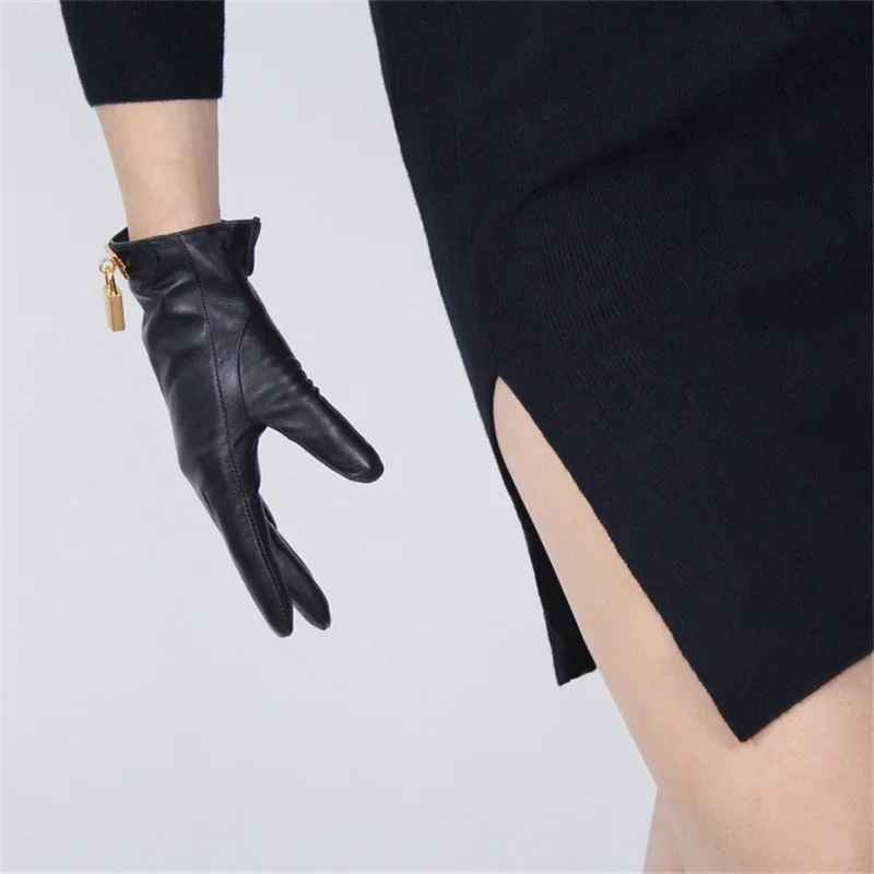 New Women's Ladies Real Leather Black Gloves Touch Screen Sheepskin Gloves With Lock Design
