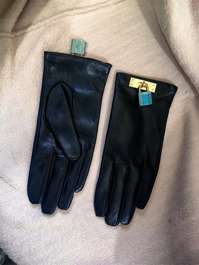 New Women's Ladies Real Leather Black Gloves Touch Screen Sheepskin Gloves With Lock Design