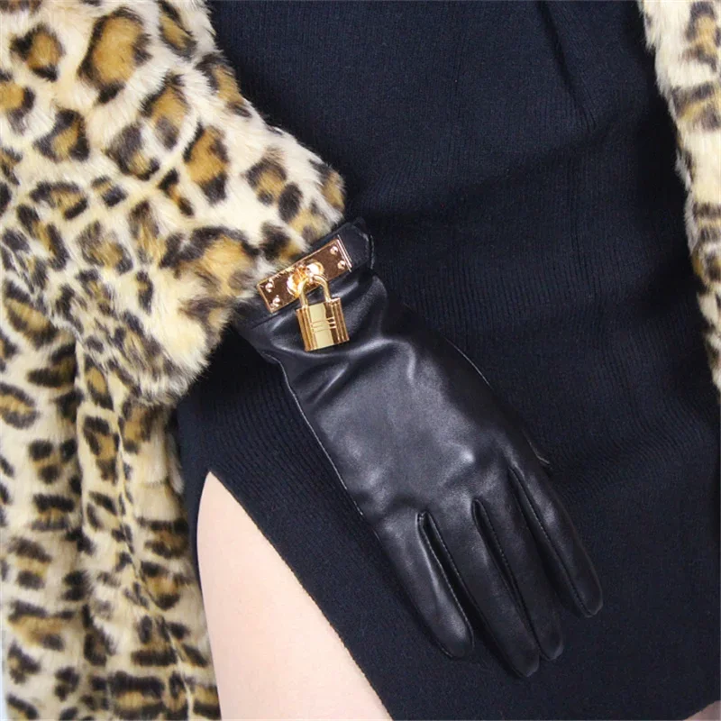New Women's Ladies Real Leather Black Gloves Touch Screen Sheepskin Gloves With Lock Design