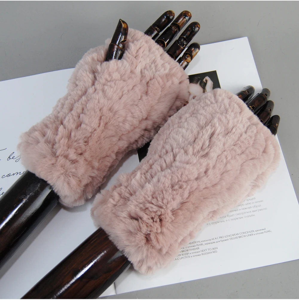 New Arrival Female Natural Rabbit Fur Gloves Knitted Warm Real Rex Rabbit Fur Mittens Women Winter Outdoor Rex Rabbit Fur Gloves