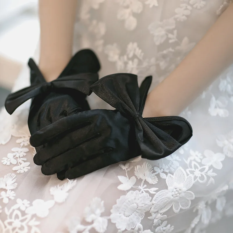 Korean Female Short Thin Bow Cutout Party Dress Gloves Women Summer Spandex Satin Elastic Anti-UV Sunscreen Driving Mittens K57