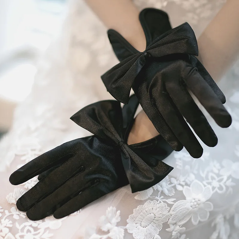 Korean Female Short Thin Bow Cutout Party Dress Gloves Women Summer Spandex Satin Elastic Anti-UV Sunscreen Driving Mittens K57