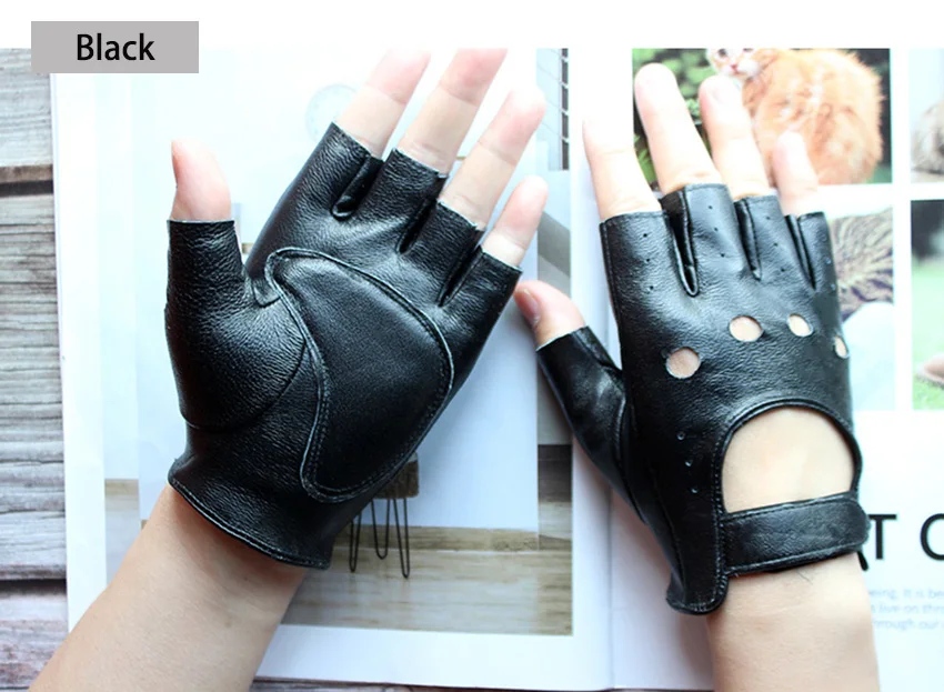 Half Finger Gloves Women's Leather Thin Fashion Hollow Style Color Sheepskin Short Outdoor Motorcycle Riding Locomotive Driving
