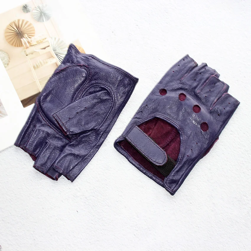Half Finger Gloves Women's Leather Thin Fashion Hollow Style Color Sheepskin Short Outdoor Motorcycle Riding Locomotive Driving