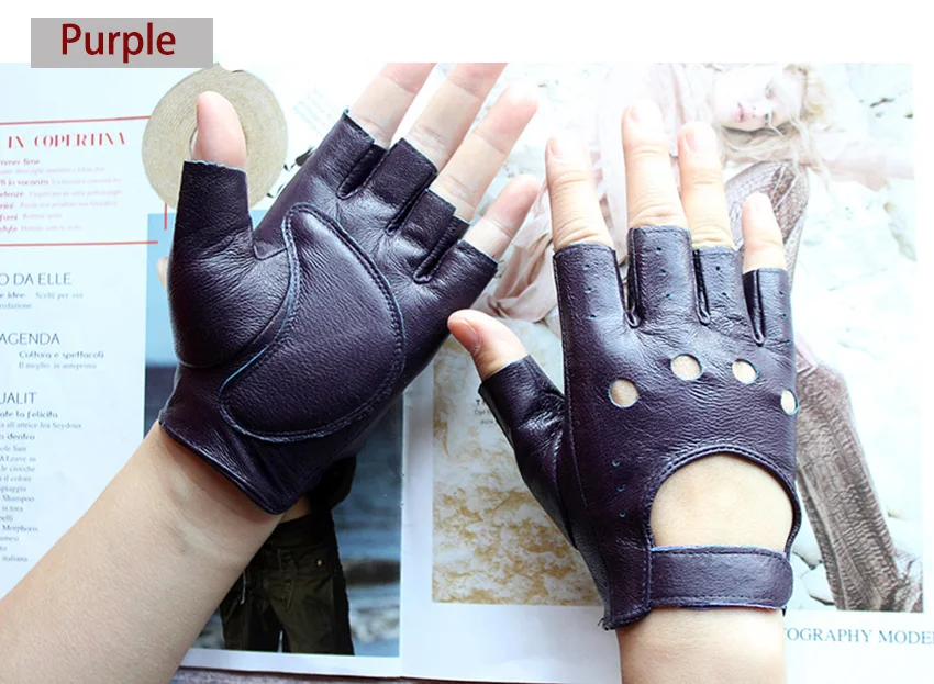 Half Finger Gloves Women's Leather Thin Fashion Hollow Style Color Sheepskin Short Outdoor Motorcycle Riding Locomotive Driving
