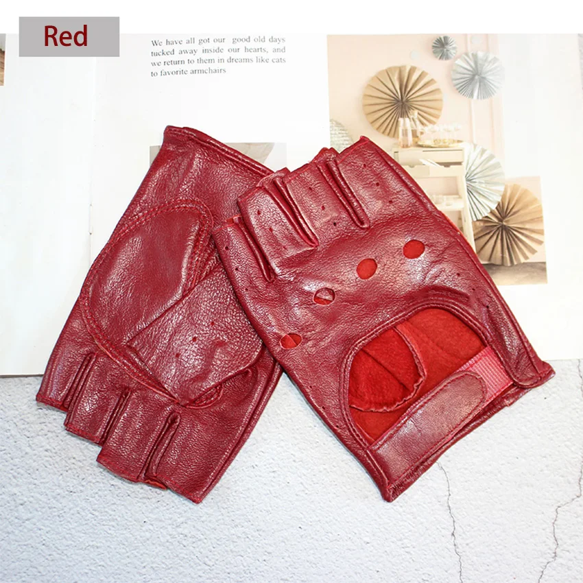 Half Finger Gloves Women's Leather Thin Fashion Hollow Style Color Sheepskin Short Outdoor Motorcycle Riding Locomotive Driving