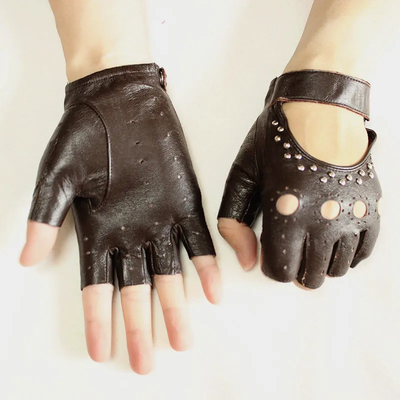 Half Finger Gloves Women's Leather Thin Fashion Hollow Style Color Sheepskin Short Outdoor Motorcycle Riding Locomotive Driving
