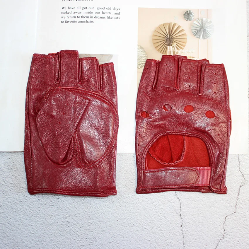 Half Finger Gloves Women's Leather Thin Fashion Hollow Style Color Sheepskin Short Outdoor Motorcycle Riding Locomotive Driving
