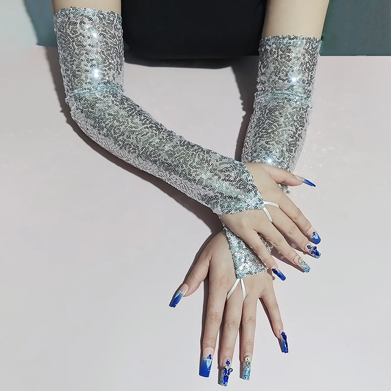 50cm Sequins Long Hook Finger Women Gloves Nightclub Stage Performance Party Sexy Cosplay Clothing Long Fingerless Mittens