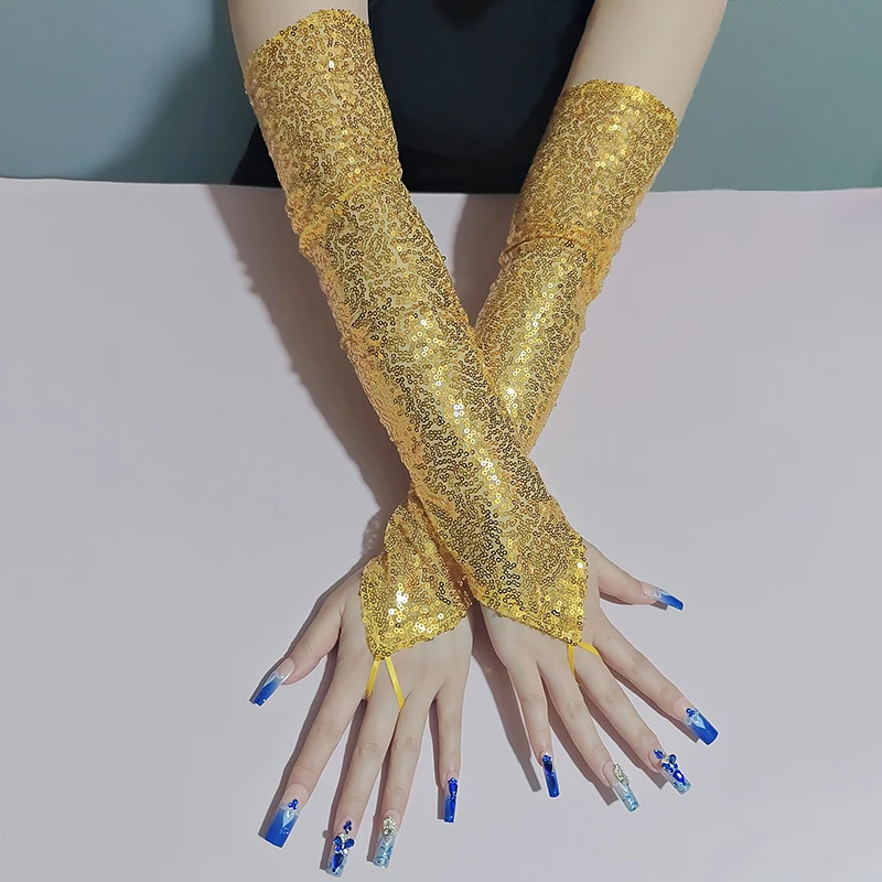 50cm Sequins Long Hook Finger Women Gloves Nightclub Stage Performance Party Sexy Cosplay Clothing Long Fingerless Mittens