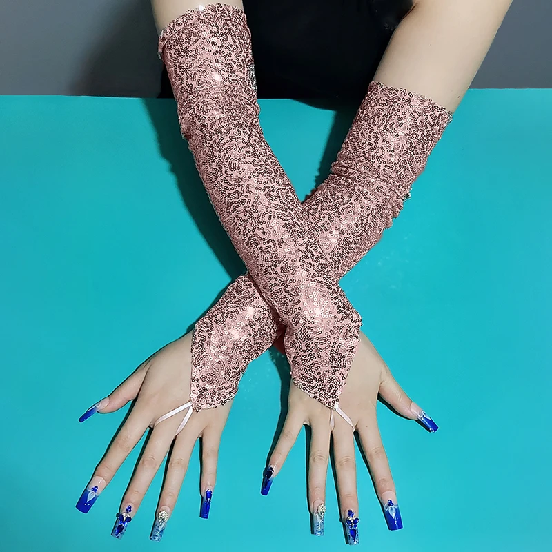 50cm Sequins Long Hook Finger Women Gloves Nightclub Stage Performance Party Sexy Cosplay Clothing Long Fingerless Mittens