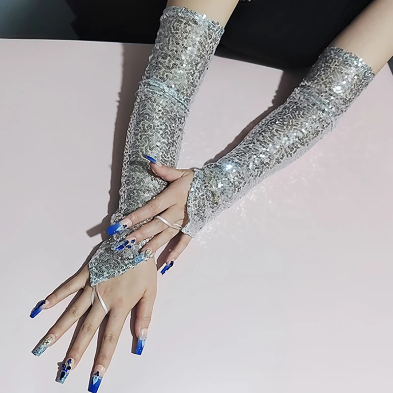 50cm Sequins Long Hook Finger Women Gloves Nightclub Stage Performance Party Sexy Cosplay Clothing Long Fingerless Mittens