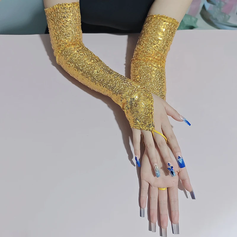 50cm Sequins Long Hook Finger Women Gloves Nightclub Stage Performance Party Sexy Cosplay Clothing Long Fingerless Mittens