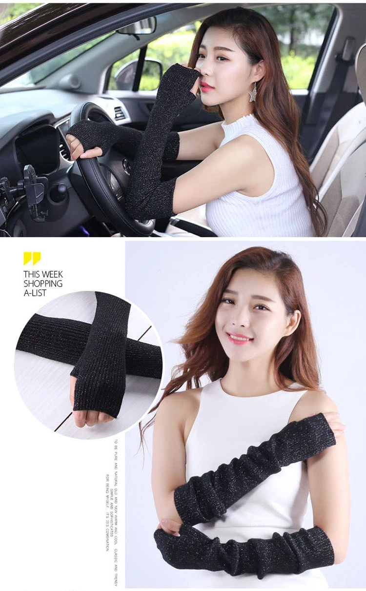 Winter Women Wool Long Mitts 40cm 50cm 60cm Fine Knitted Fingerless Gloves Y2k Thermal Gloves Semi Finger Lengthen Arm Warmers