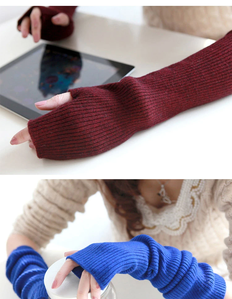 Winter Women Wool Long Mitts 40cm 50cm 60cm Fine Knitted Fingerless Gloves Y2k Thermal Gloves Semi Finger Lengthen Arm Warmers