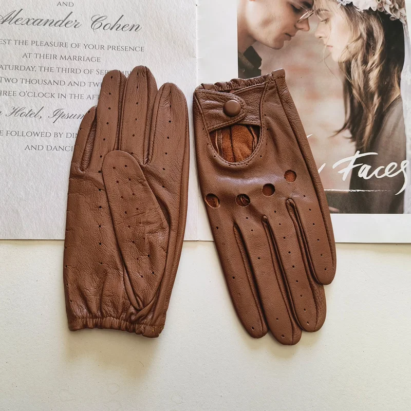 New Style Sheepskin Gloves Women Leather Thin Single Layer Unlined Hollow Breathable Riding Motorcycle Gloves Spring and Summer