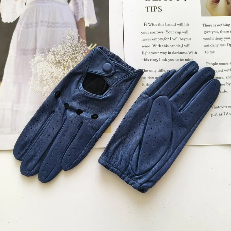 New Style Sheepskin Gloves Women Leather Thin Single Layer Unlined Hollow Breathable Riding Motorcycle Gloves Spring and Summer