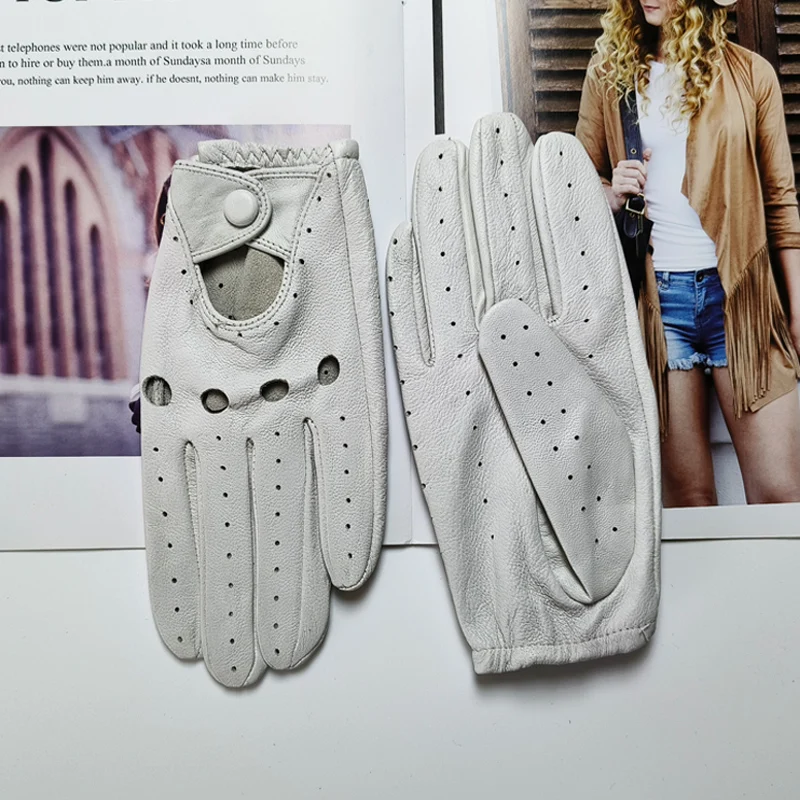 New Style Sheepskin Gloves Women Leather Thin Single Layer Unlined Hollow Breathable Riding Motorcycle Gloves Spring and Summer