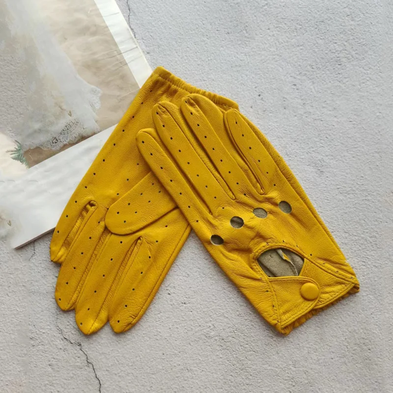 New Style Sheepskin Gloves Women Leather Thin Single Layer Unlined Hollow Breathable Riding Motorcycle Gloves Spring and Summer