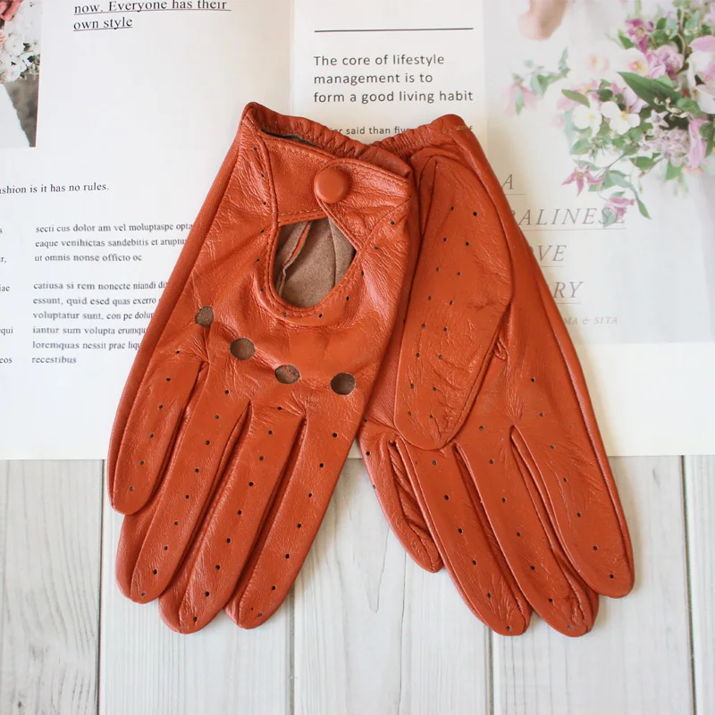 New Style Sheepskin Gloves Women Leather Thin Single Layer Unlined Hollow Breathable Riding Motorcycle Gloves Spring and Summer