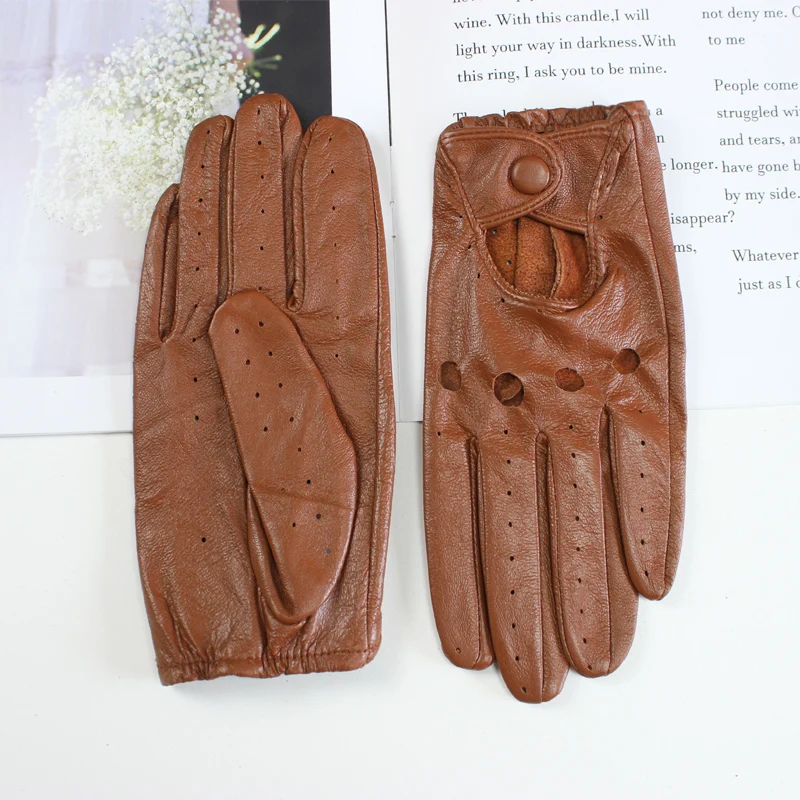 New Style Sheepskin Gloves Women Leather Thin Single Layer Unlined Hollow Breathable Riding Motorcycle Gloves Spring and Summer