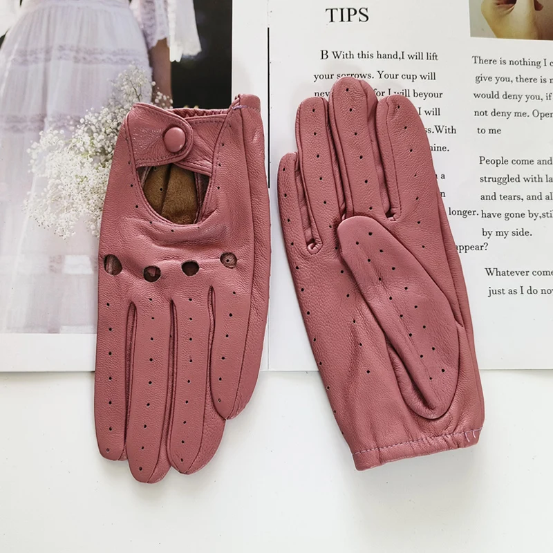 New Style Sheepskin Gloves Women Leather Thin Single Layer Unlined Hollow Breathable Riding Motorcycle Gloves Spring and Summer