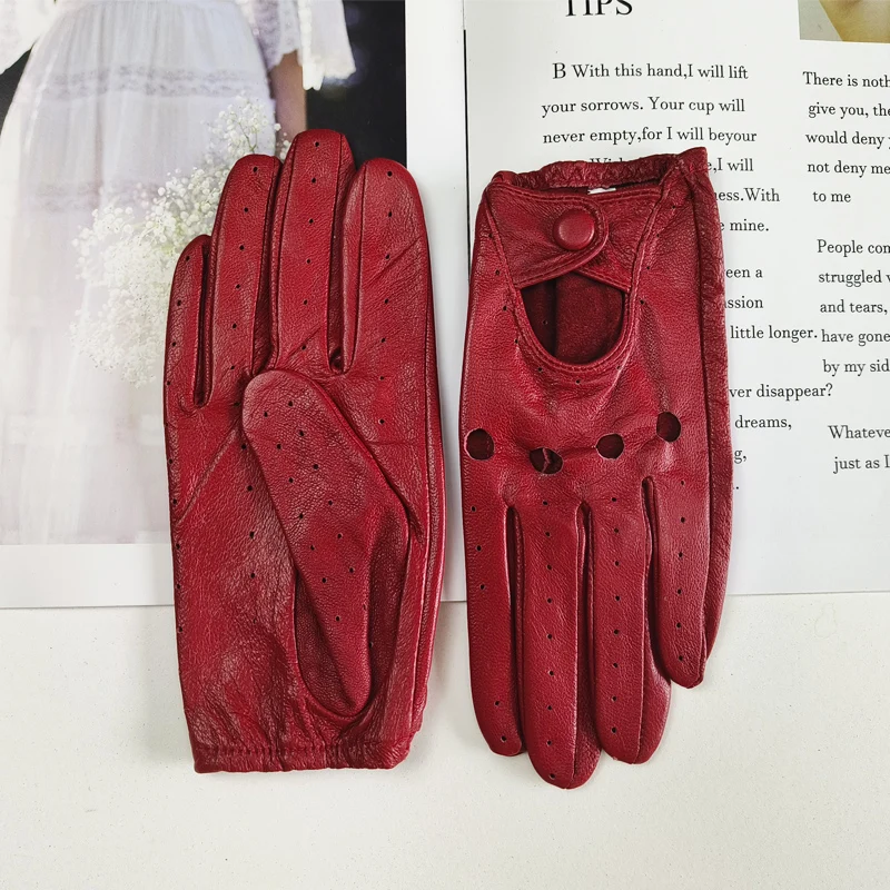 New Style Sheepskin Gloves Women Leather Thin Single Layer Unlined Hollow Breathable Riding Motorcycle Gloves Spring and Summer