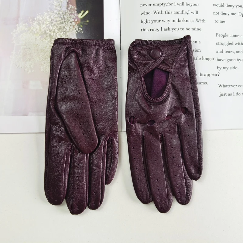 New Style Sheepskin Gloves Women Leather Thin Single Layer Unlined Hollow Breathable Riding Motorcycle Gloves Spring and Summer