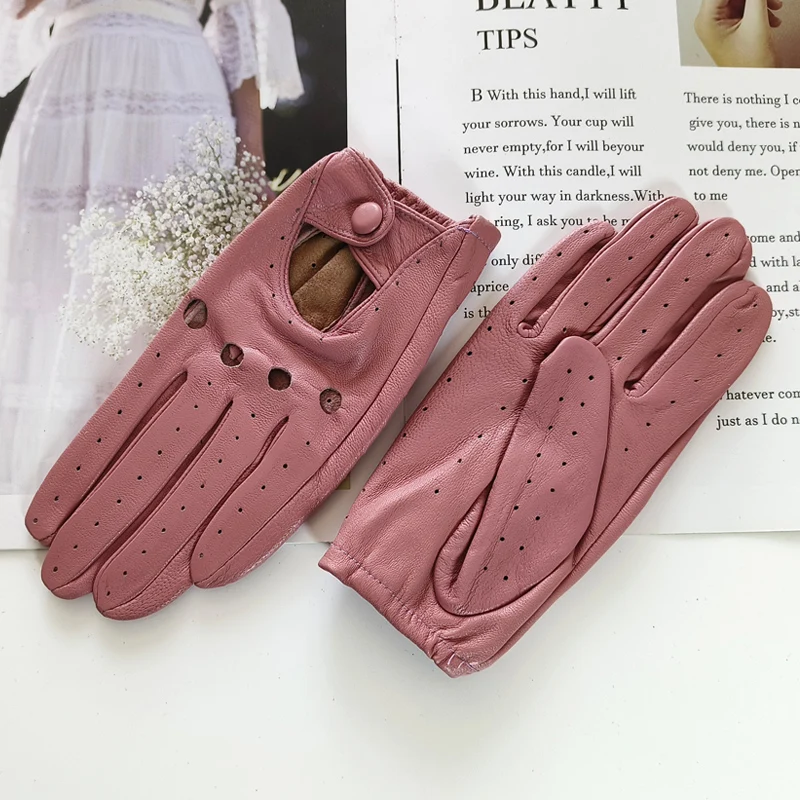 New Style Sheepskin Gloves Women Leather Thin Single Layer Unlined Hollow Breathable Riding Motorcycle Gloves Spring and Summer