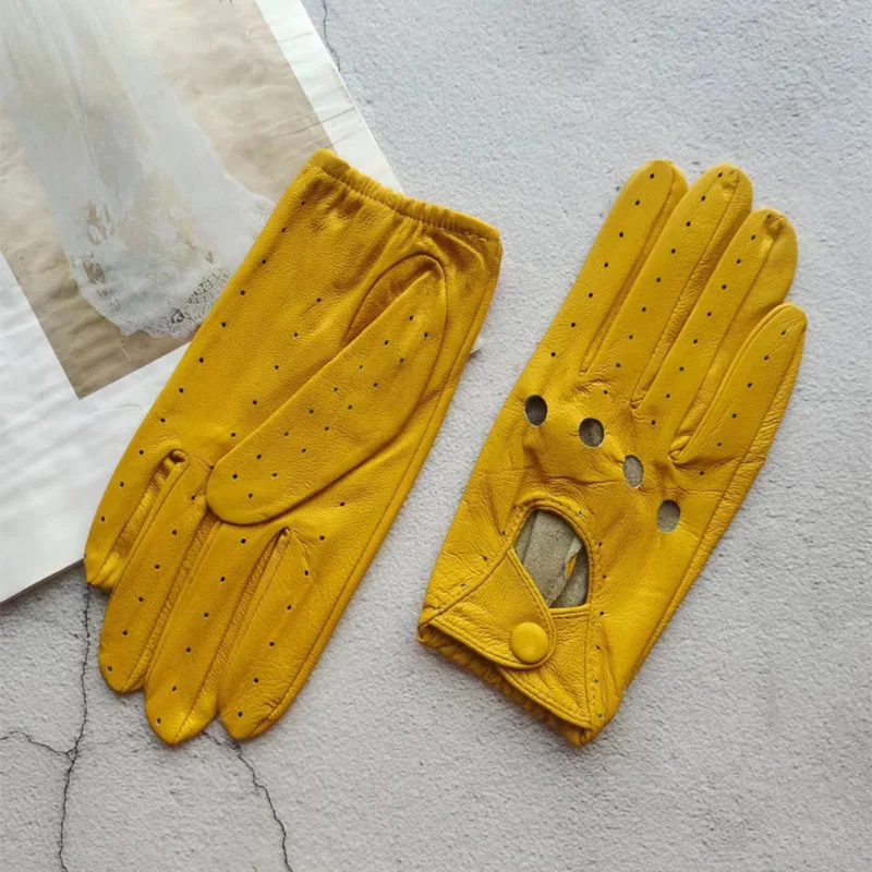 New Style Sheepskin Gloves Women Leather Thin Single Layer Unlined Hollow Breathable Riding Motorcycle Gloves Spring and Summer