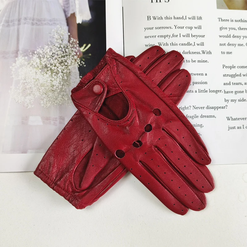 New Style Sheepskin Gloves Women Leather Thin Single Layer Unlined Hollow Breathable Riding Motorcycle Gloves Spring and Summer