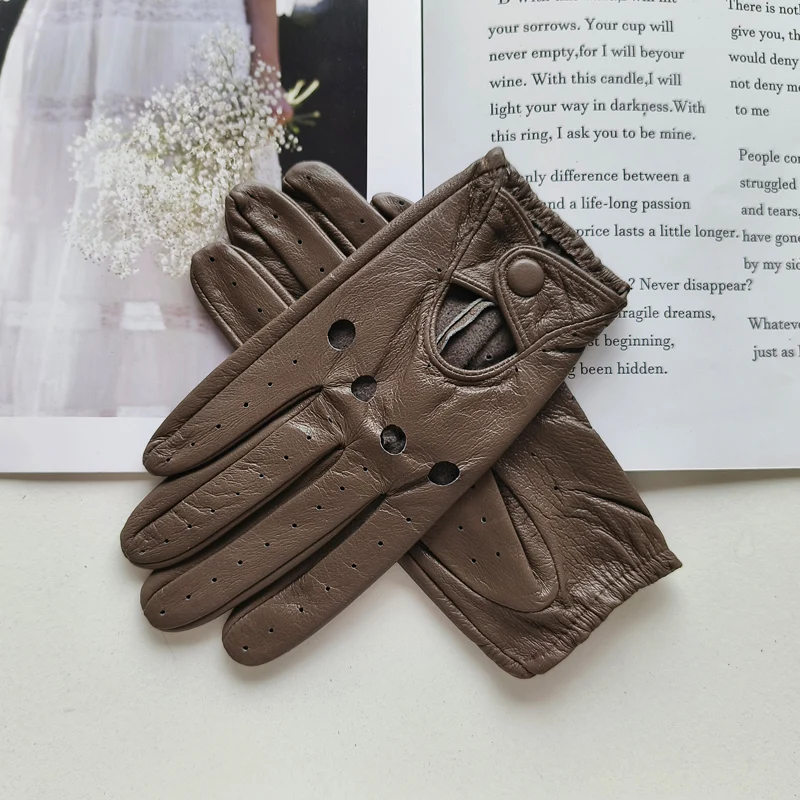 New Style Sheepskin Gloves Women Leather Thin Single Layer Unlined Hollow Breathable Riding Motorcycle Gloves Spring and Summer