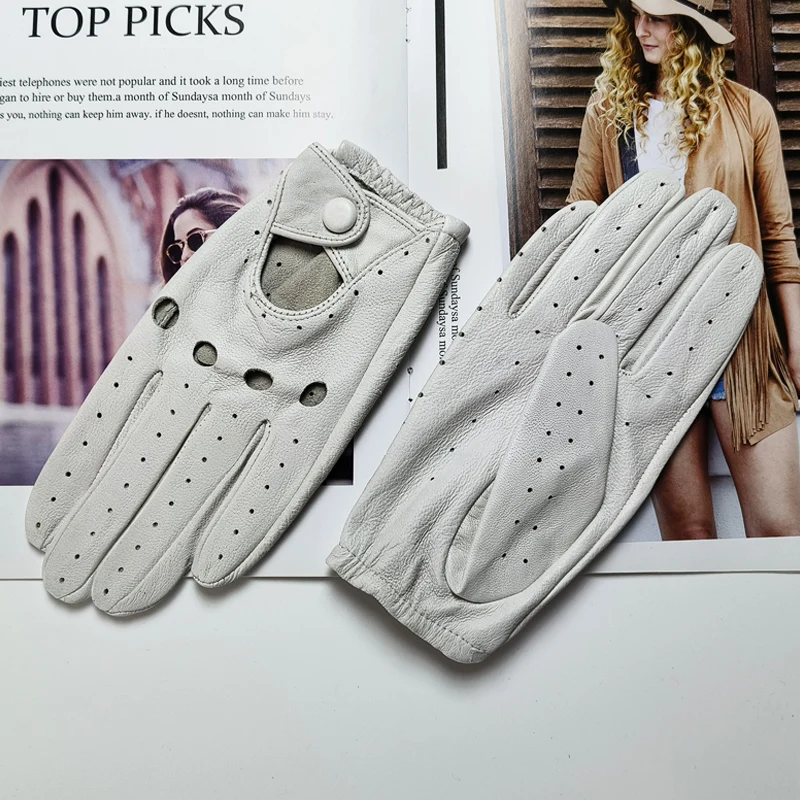 New Style Sheepskin Gloves Women Leather Thin Single Layer Unlined Hollow Breathable Riding Motorcycle Gloves Spring and Summer