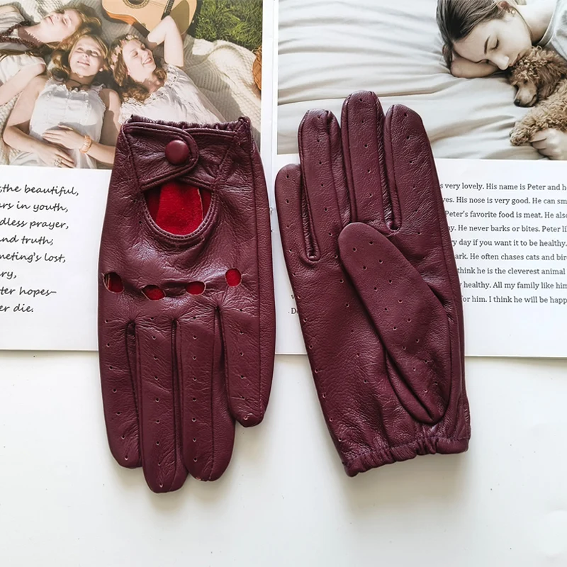 New Style Sheepskin Gloves Women Leather Thin Single Layer Unlined Hollow Breathable Riding Motorcycle Gloves Spring and Summer