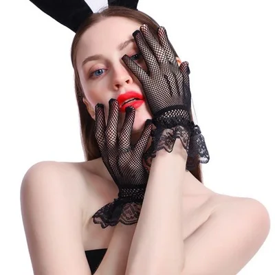 Fashion Elegant Ladies Short Lace Gloves Sheer Fishn Net Black White Prom Party Gloves Female's Fashionable Soild Color Mittens